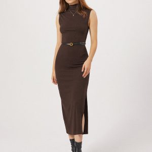 Chic Opening Night Slit Mock Neck Long Dress for Y2K Aesthetic and Coquette Style