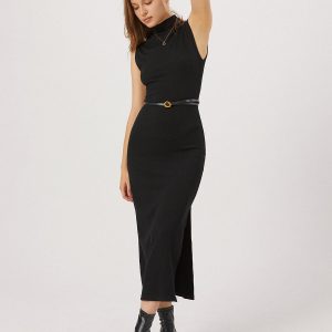 Chic Opening Night Slit Mock Neck Long Dress for Y2K Aesthetic and Coquette Style