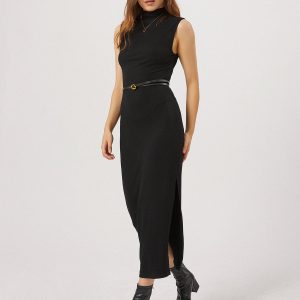 Chic Opening Night Slit Mock Neck Long Dress for Y2K Aesthetic and Coquette Style