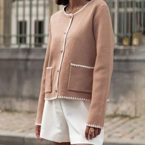 Chic Patchwork Knitted Cardigan: Elegant O-Neck Long Sleeve Winter Jacket for Cozy Street Style