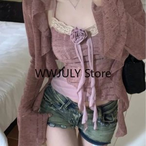 Chic Pink Lace 2-Piece Set: Elegant Office Blouse & Casual Cardigan for Y2K Fashionistas