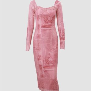 Chic Pink Renaissance Print Dress for Y2K Aesthetic and Coquette Style Outfits