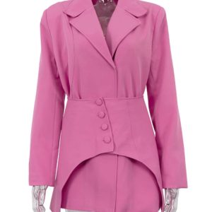 Chic Pink Slim Long Blazer & High Waist Skirt Set - Stylish Women's 2 Piece Outfit