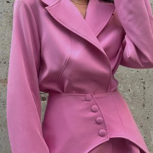 Chic Pink Slim Long Blazer & High Waist Skirt Set - Stylish Women's 2 Piece Outfit