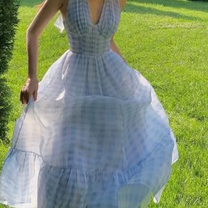 Chic Plaid V-Neck Backless Summer Dress - Elegant A-Line Beach Vacation Party Outfit