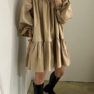 Chic Pleated Balloon Sleeve Dress - Effortless Y2K Style for Casual Elegance