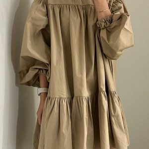 Chic Pleated Balloon Sleeve Dress - Effortless Y2K Style for Casual Elegance