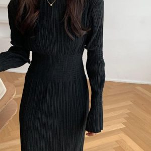 Chic Pleated Long-Sleeved Little Black Dress for Y2K Fashion and Coquette Aesthetic