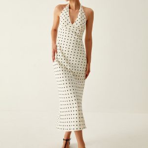 Chic Polka Dot Print V-Neck Halter Midi Dress for Y2K Aesthetic and Coquette Style