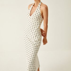 Chic Polka Dot Print V-Neck Halter Midi Dress for Y2K Aesthetic and Coquette Style