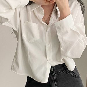 Chic Polo Collar Long Sleeve Crop Top - Y2K Aesthetic Short Shirt for Trendy Outfits