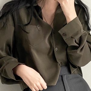 Chic Polo Collar Long Sleeve Crop Top - Y2K Aesthetic Short Shirt for Trendy Outfits