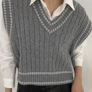 Chic Preppy V-Neck Twist-Knit Vest for Y2K Aesthetic and Coquette Style Outfits