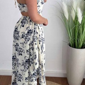 Chic Printed Backless Halterneck Midi Dress for Y2K Aesthetic and Coquette Style