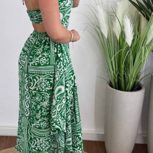 Chic Printed Backless Halterneck Midi Dress for Y2K Aesthetic and Coquette Style