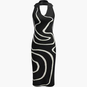 Chic Printed Halter Backless Knit Dress for Y2K Aesthetic and Coquette Style