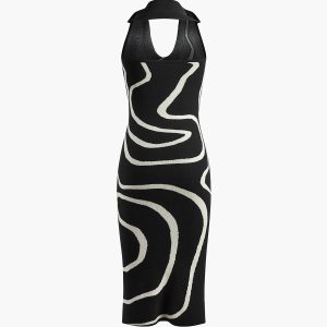 Chic Printed Halter Backless Knit Dress for Y2K Aesthetic and Coquette Style