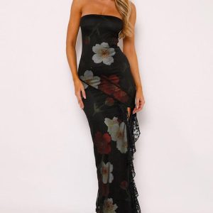 Chic Printed Lace Patchwork Tube Dress for Y2K Aesthetic and Coquette Style Lovers