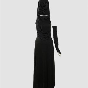 Chic Pure Color Hooded Maxi Dress for Effortless Y2K Style and Aesthetic Vibes