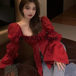 Chic Red Korean Style Y2K Blouse for Women - Elegant Long Sleeve Casual Party Top 2024