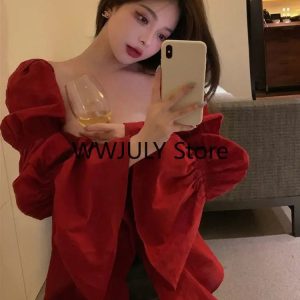 Chic Red Korean Style Y2K Blouse for Women - Elegant Long Sleeve Casual Party Top 2024