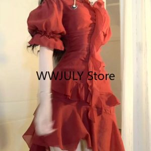 Chic Red Y2K Mini Dress with Short Sleeves - Vintage One-Piece for Elegant Summer Parties