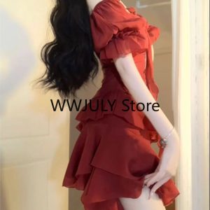 Chic Red Y2K Mini Dress with Short Sleeves - Vintage One-Piece for Elegant Summer Parties