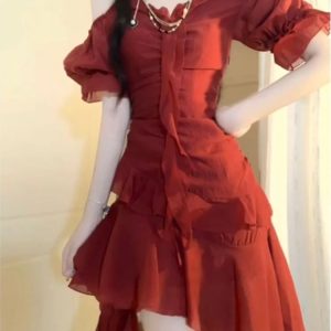 Chic Red Y2K Mini Dress with Short Sleeves - Vintage One-Piece for Elegant Summer Parties