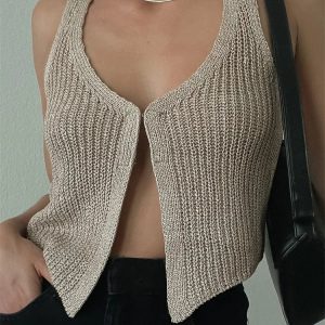 Chic Retro Knitted Sweater Vest - Casual Sleeveless V-Neck Button-Up Crop Top for Y2K Style