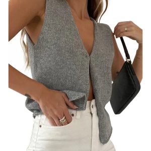 Chic Retro Knitted Sweater Vest - Casual Sleeveless V-Neck Button-Up Crop Top for Y2K Style