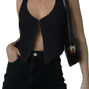 Chic Retro Knitted Sweater Vest - Casual Sleeveless V-Neck Button-Up Crop Top for Y2K Style