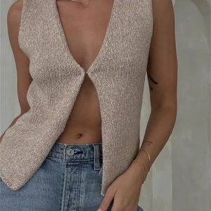 Chic Retro Knitted Sweater Vest - Casual Sleeveless V-Neck Button-Up Crop Top for Y2K Style