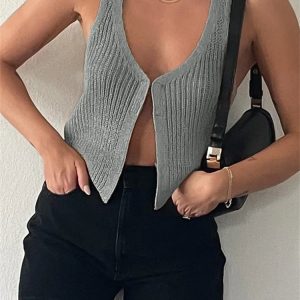 Chic Retro Knitted Sweater Vest - Casual Sleeveless V-Neck Button-Up Crop Top for Y2K Style