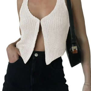 Chic Retro Knitted Sweater Vest - Casual Sleeveless V-Neck Button-Up Crop Top for Y2K Style