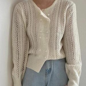 Chic Round-neck Double-breasted Hollow Sweater Top for Y2K Aesthetic Outfits