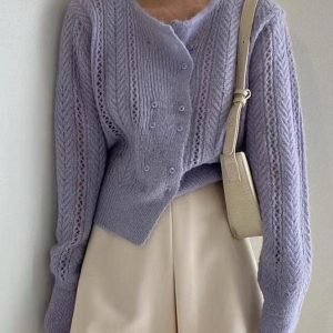 Chic Round-neck Double-breasted Hollow Sweater Top for Y2K Aesthetic Outfits