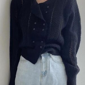 Chic Round-neck Double-breasted Hollow Sweater Top for Y2K Aesthetic Outfits