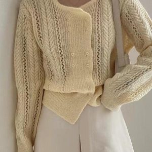 Chic Round-neck Double-breasted Hollow Sweater Top for Y2K Aesthetic Outfits