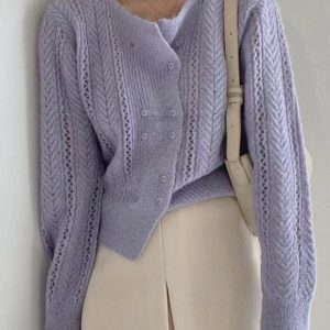 Chic Round-neck Double-breasted Hollow Sweater Top for Y2K Aesthetic Outfits