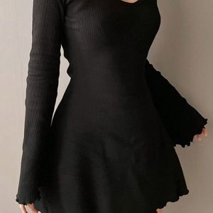 Chic Round Neck Long Sleeve Lace Hem Dress for Y2K Fashion and Coquette Aesthetic