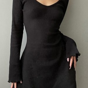 Chic Round Neck Long Sleeve Lace Hem Dress for Y2K Fashion and Coquette Aesthetic