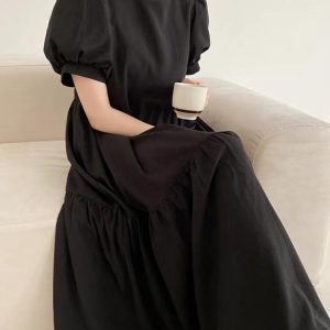 Chic Round Neck Loose Puff Sleeve Pleated Dress for Y2K Fashion and Coquette Aesthetic