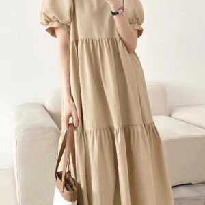 Chic Round Neck Loose Puff Sleeve Pleated Dress for Y2K Fashion and Coquette Aesthetic