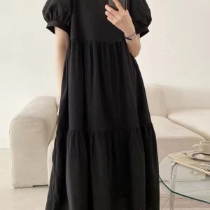 Chic Round Neck Loose Puff Sleeve Pleated Dress for Y2K Fashion and Coquette Aesthetic