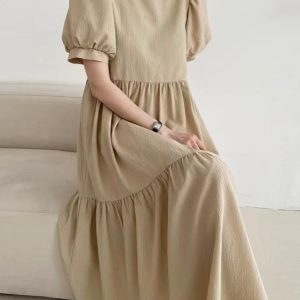 Chic Round Neck Loose Puff Sleeve Pleated Dress for Y2K Fashion and Coquette Aesthetic