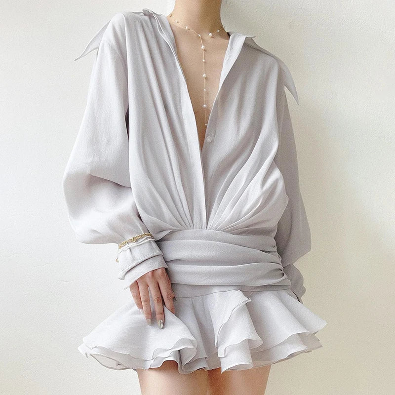 Chic Ruffled Chiffon Mini Dress - Pleated Mesh Oversized Cover-Up for Effortless Style