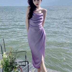 Chic Satin Midi Dress with Spaghetti Straps - Elegant Graduation Party Robe in Y2K Style