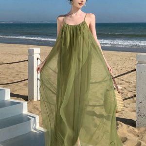 Chic Seaside Holiday Dress with Suspenders - Y2K Aesthetic Beachwear for Stylish Outings