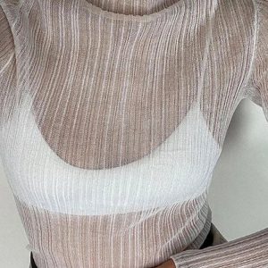 Chic See-Through Knitted Long Sleeve Mock Neck Top for Women - Y2K Elegant High Street Style