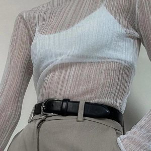 Chic See-Through Knitted Long Sleeve Mock Neck Top for Women - Y2K Elegant High Street Style